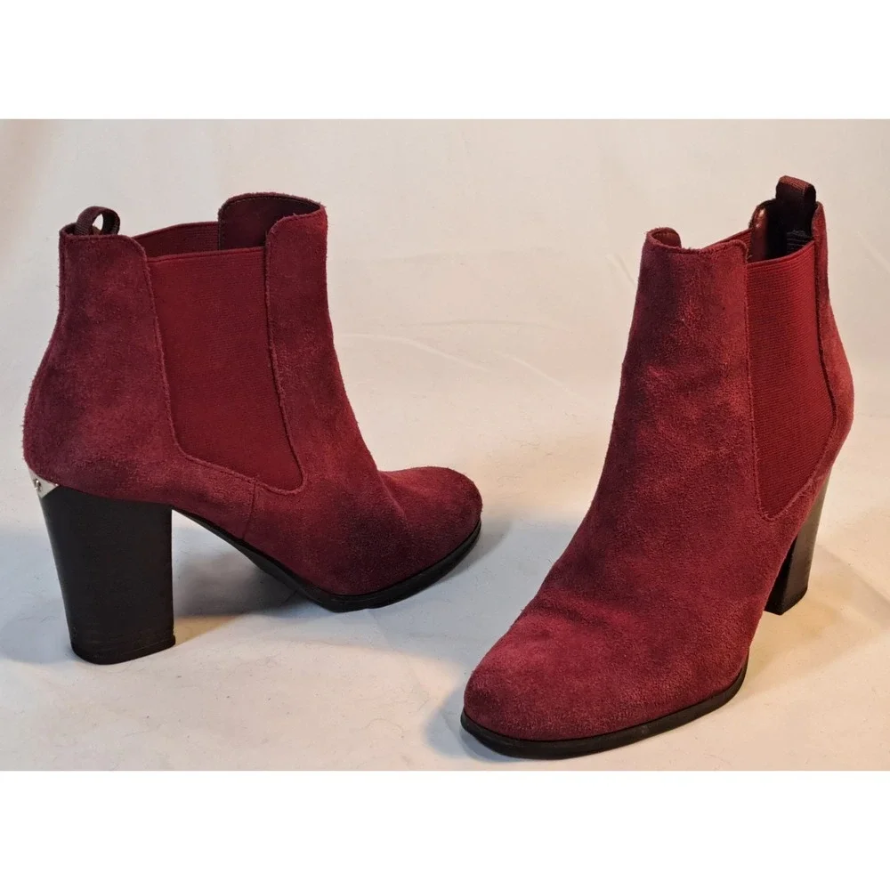 Michael Kors Womens Burgundy Suede Block Heel Ankle Boots SG21F‎ Size 9.5M